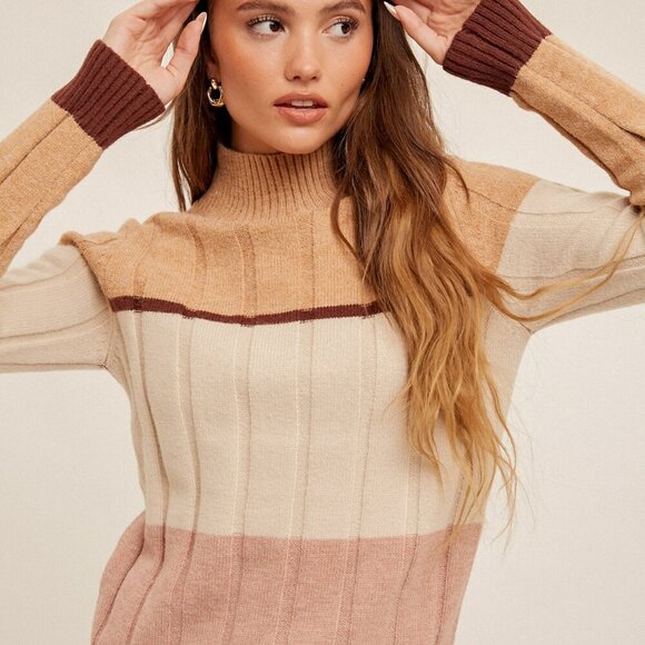 HEM & THREAD Colorblock Mock Neck Sweater, Neutral Blush Tan Cream - Picture 1 of 5